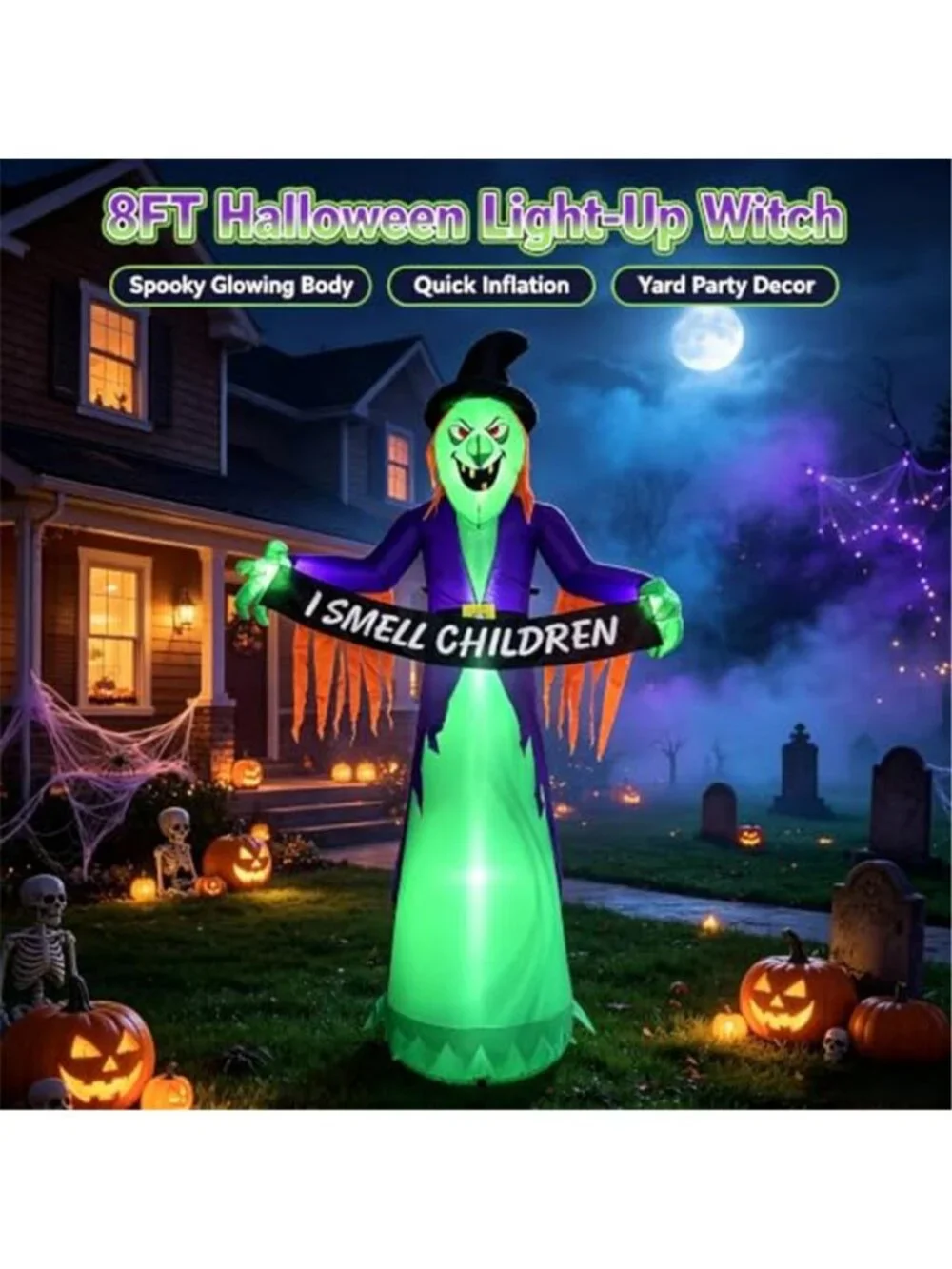 8FT Halloween Inflatable Witch Decorations for Outdoor Yard with LED Lights